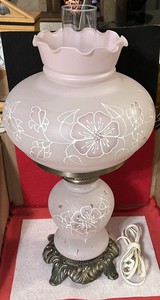 VTG. Gone with The Wind Style Hurricane Lamp W/ Frosted Pink Glass Floral Design