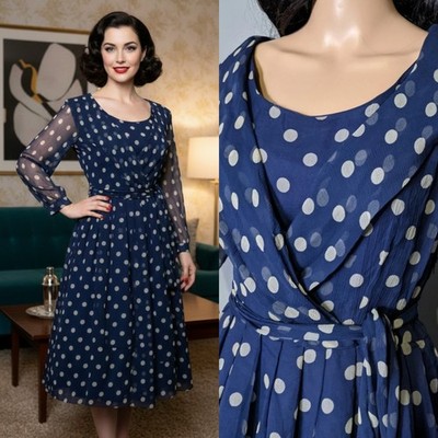 Vintage 50er Jahre Marine Seide Chiffon Punkte Kreis Gürtel Kleid 50s 10 38