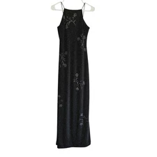 DE LARU By Sheila Yen Black Beaded Floral Halter Maxi Dress Gown Size 5/6 Glam