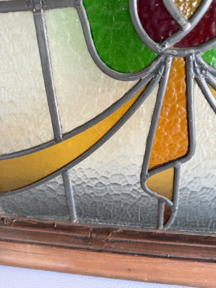 Vintage Stained Glass Window Pair • Arts & Crafts Victorian Style • Wood Framed - Image 4 of 4