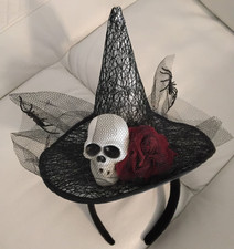 White Skull Red Rose Halloween Headband Black Spider Witch Hat 12"