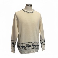 Vintage 70s 80s Jersild Reindeer Sweater Men’s Size Large Cream Blue USA Made