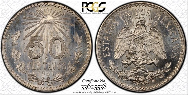1937 50 Centavos Mexico PCGS 67 Proof Like Beauty Only one Better + - Image 4 of 4
