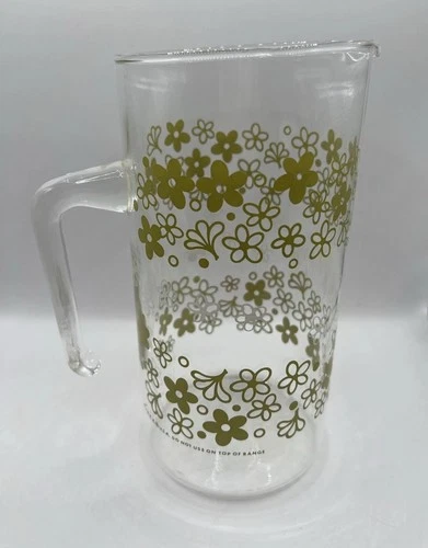 Vintage Pyrex Crazy Daisy Spring Blossom Glass Pitcher Green White Flowers