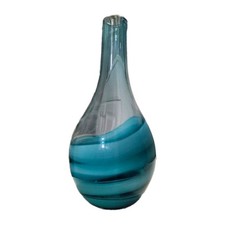 Blue Clear Swirl Art Heavy Hand Blown 13.5" Vase Perfect Condition