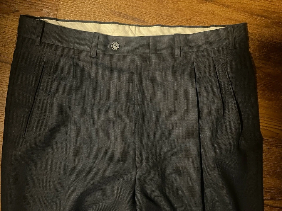 Vtg Yves Saint Laurent Men's 36x34 Blue Patterned Wool Trousers Pleated Cuffed - Image 2 of 4