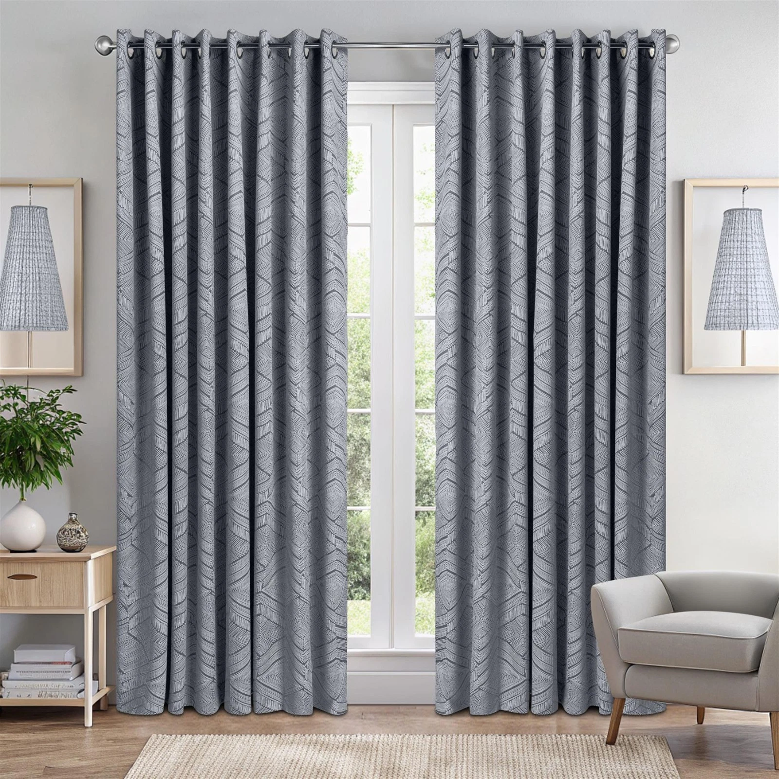Aztec Triple Weave Geometric Eyelet Curtains in Silver All Sizes Fully Lined