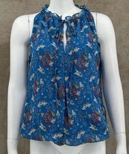 Max Studio Top Women Large Blue Floral Sleeveless Ruffle Office Work Boho Spring