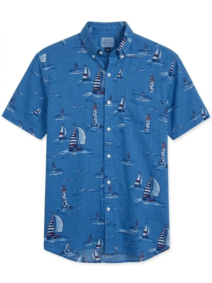 Izod Saltwater Mens Sailboat Button Down Shirt XL Blue Tropical Vacation Relaxed