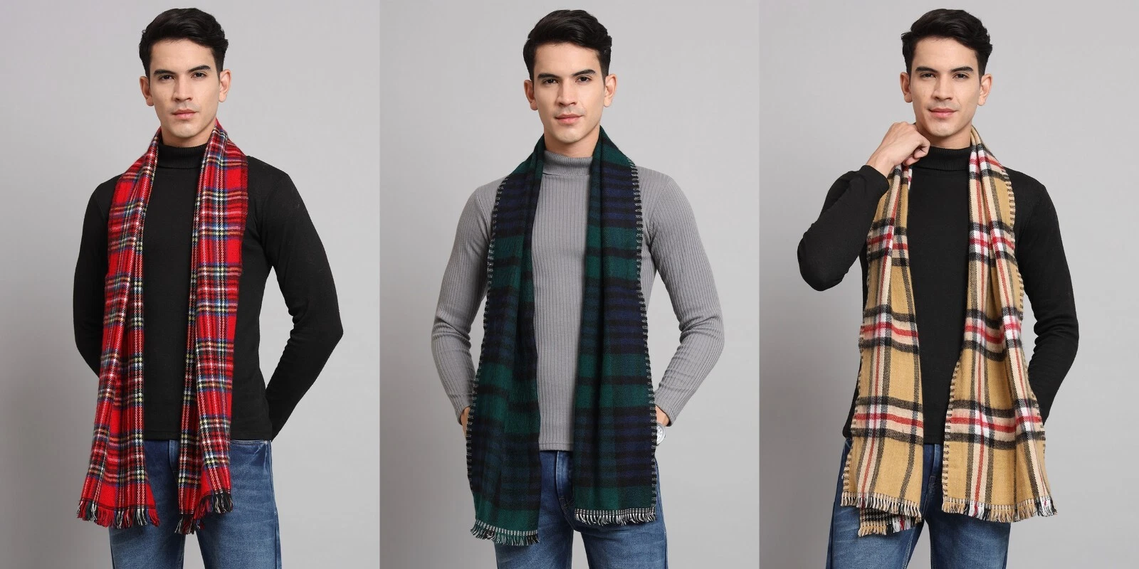 Men's Neck Wraps Indian Scarf Winter Reversible Scarves Check Plaid Wool Scarves