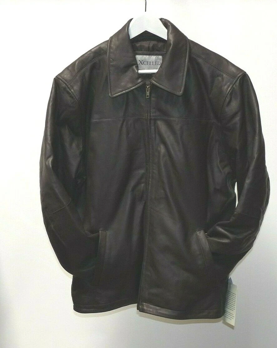 Excelled Mens LARGE Genuine Leather Jacket BROWN Open Bottom Coat Lined