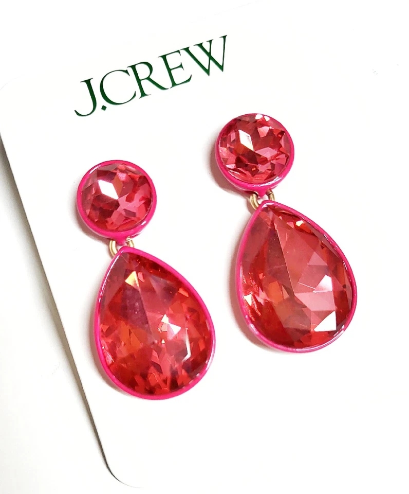 J.Crew Sparkly Double Drop Earrings Vibrant Fuchsia Gold Plated Brass BQ556 New - Image 3 of 4