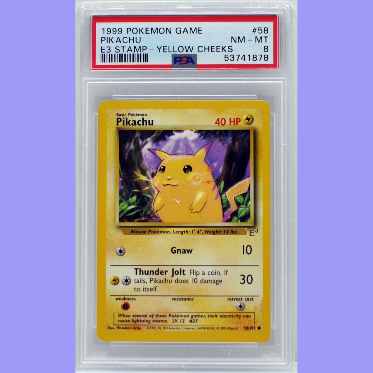 Pokemon Base Set Pikachu E3 Stamp Yellow Cheeks 58/102 PSA 8 NM/Mint Pokemon Base Set Pikachu E3 Stamp Yellow Cheeks 58/102 PSA 8 NM/Mint