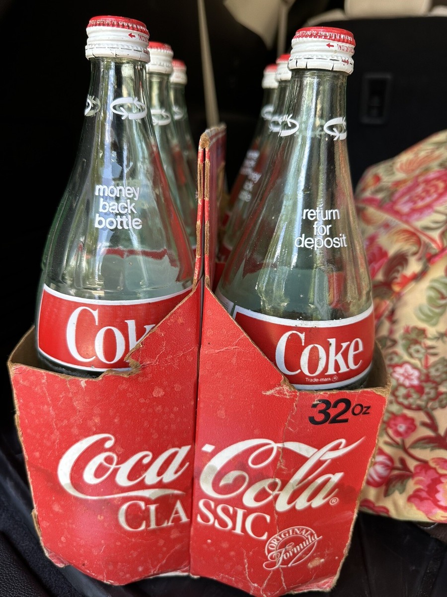 Coca Cola Coke 6 Pack 32 Oz Glass Bottles w/ 4 Caps & 6 Pack Paper