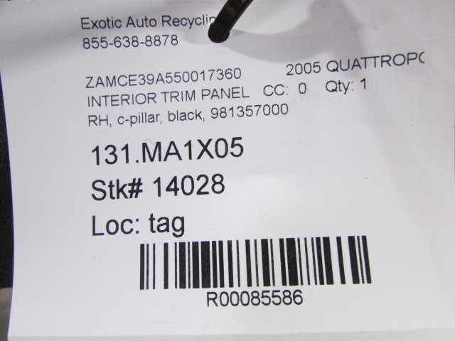 Maserati Quattroporte, RH, Right C-Pillar Trim Panel, Black, Used, P/N 981357000