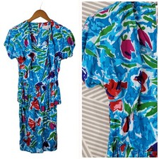 Vintage 90s Tropical Hawaiian Party Dress size Small Floral Sheath Blue Ruffle