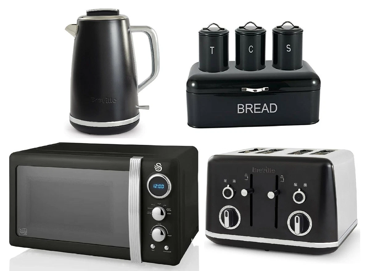 Breville Lustra Set Kettle 4 Slice Toaster Swan Microwave and Storage BLACK