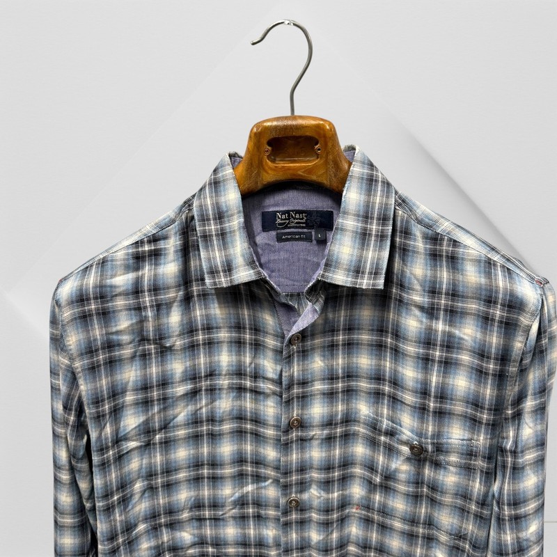 Nat Nast American Fit Plaid Button Shirt Mens Black Beige White Size Large L
