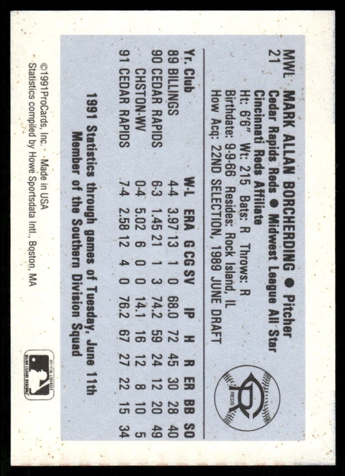 1991 ProCards Cedar Rapids Reds MARK BORCHERDING RC REDS PHILLIES ALBERT LEA MN - Image 2 of 2