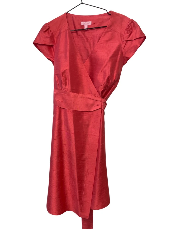 Lilly Pulitzer Coral Silk Wrap Dress Tie Waist Size 8 Classic Timeless - Image 4 of 4