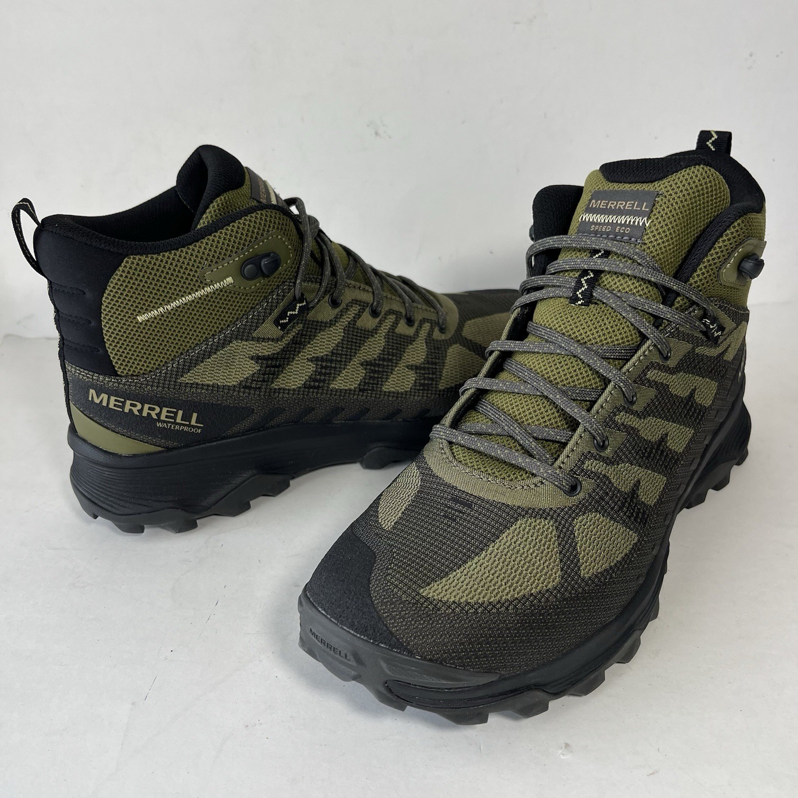 Nuovi stivali Merrell Speed Eco Mid da uomo taglia 11 verde mosstone impermeabili escursionismo