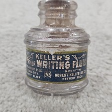 Antique Keller Detroit LABEL Superior Writing Clear Glass Ink Bottle Inkwell