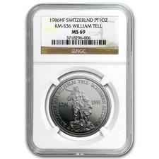 1986 Switzerland 1 oz Platinum William Tell MS-69 NGC 2584.36 per troy oz