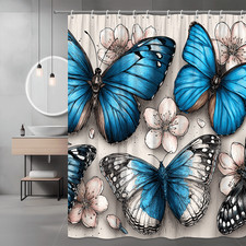 Blue Butterfly Floral Shower Curtain, Butterfly and Cherry Blossom Print