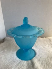 Vintage Indiana Glass Blue Mist Frosted Satin Covered Candy Dish Harvest Grape