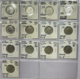 1892 1946 Great Britain Silver Shillings Lot of 13