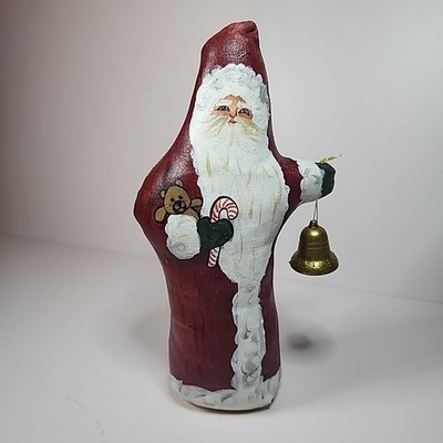Folk Art Canvas Painted Santa Brass Bell 9.25  EUC