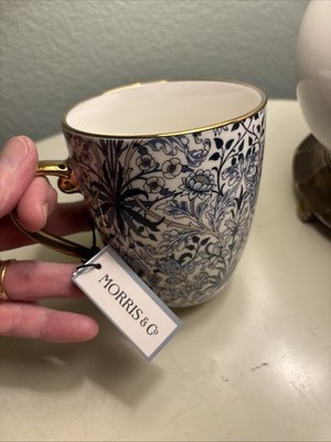 Morris & Co William Bone China Mug Blue White Floral Gold Handle
