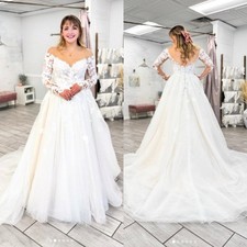 Wedding Dresses Off Shoulder Long Sleeve Lace Applique Sweep Train Bridal Gowns