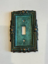 Vintage WEIR Solid Brass Light Switch Plate Cover, Ornate Frame Verdigris Patina
