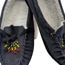 Beaded Moccasin Slippers Navy Blue Suede Faux Shearling Size 7 Loungewear