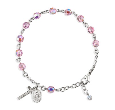 Sterling Silver Rosary Bracelet with 6mm Finest Austrian Crystal in Light Rose