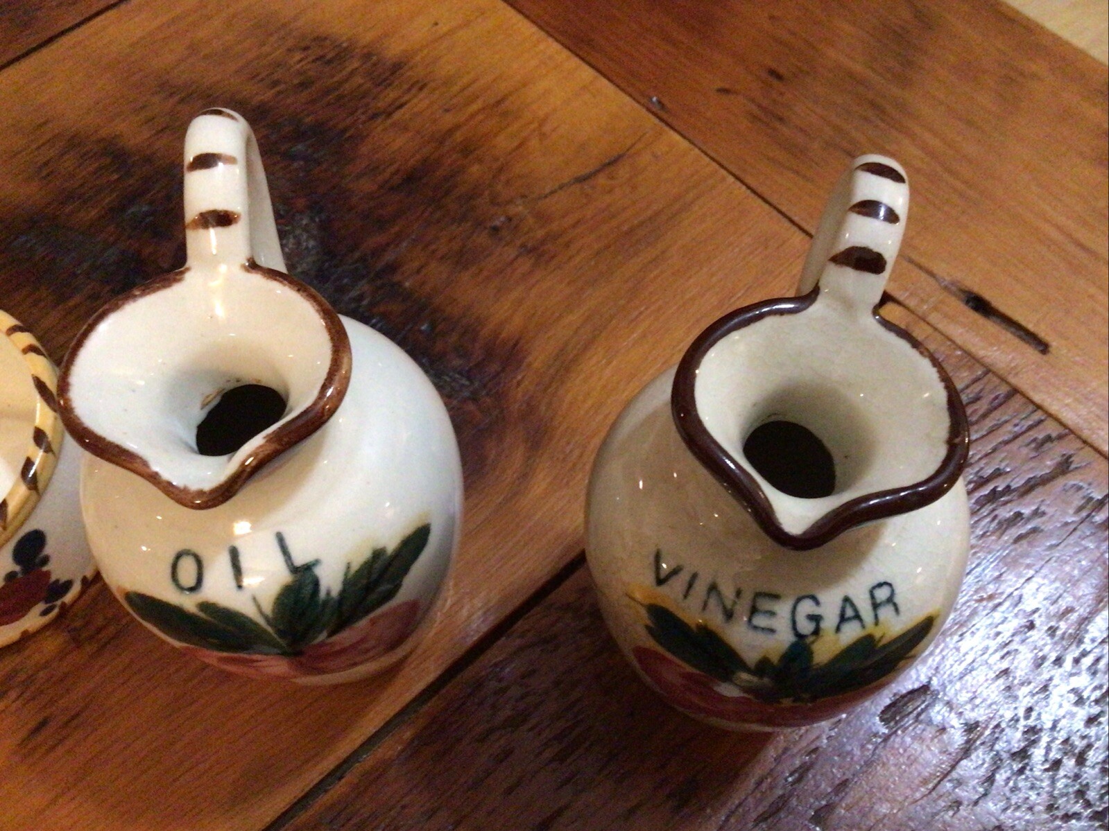Vintage Hand Painted Nasco Japan Oil & Vinegar Cruet Set w/ Handled Caddy-Holder