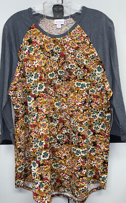 NEW LuLaRoe 2XL Brown Rust Maroon Floral Body Gray Sleeves Randy Baseball Tee