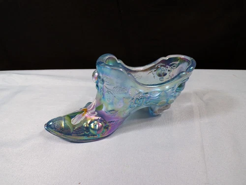 Fenton Painted Blue Carnival Glass Embossed Roses Shoe Whitish Iris Design
