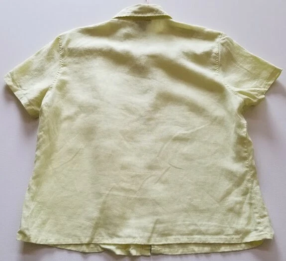 限量纽扣衬衫女式 L 码黄色短袖亚麻上衣编织 — 第 3/4 张图片