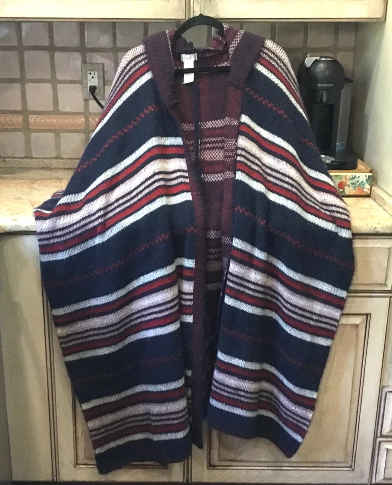 Free People Cold Canyon Hooded Poncho Striped Hooded Oversized Blue Red O/S NEW - Image 4 of 4