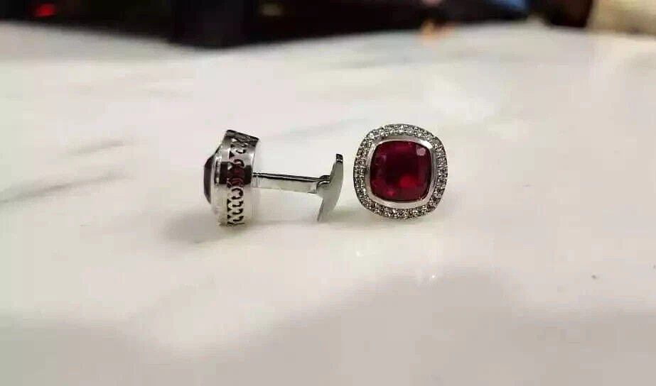 4 Ct Cushion Red Ruby  and Round CZ Cushion Shape Men Shirt Cufflinks 925 Silver - Image 2 of 4