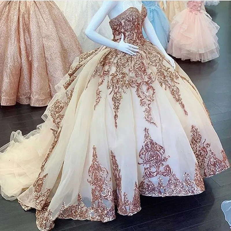 Quinceanera Dresses Rose Gold Lace Sequins Applique Prom Ball Gowns Sweet  15 16 | eBay