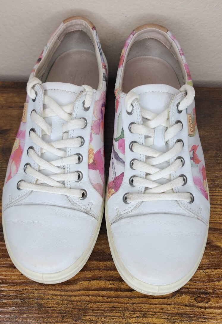 ECCO Soft 7 Sneakers Oxford White Floral Leather Shoes Women's EU