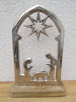 Aufsteller Krippenszene Auf Mangoholz Sockel, Aus Metall Silber (B/H/T) 18X27X5C