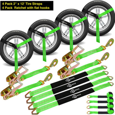 (4 Pack) Ratchet Tie Down Axle Straps w/Snap Hooks Race Car Trailer Car Hauler