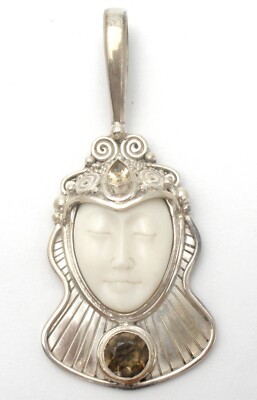 Sajen Carved Face Pendant Citrine & Smoky Topaz Goddess Sterling Silver Slide