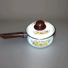 Floral Enamel Saucepan with Lid White Brown Multicolor Single Handle Vintage