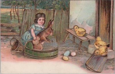 Tiere Postkarte - Osterillustration, Osterhase und gelbe Küken XT1270