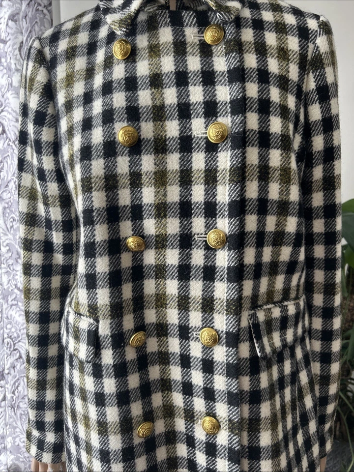J Crew Plaid Oxford Long Wool Coat Gold Buttons Blue Green Ivory Multi Sz 12 - Image 3 of 4